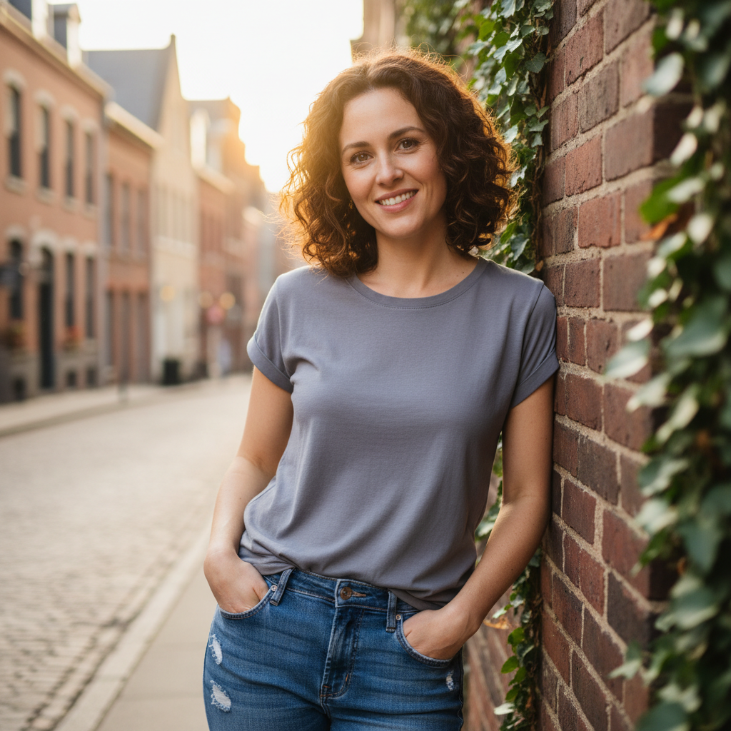 A smiling woman with curly brown hair wearing a grey t-shirt and jeans leans against a brick wall on a city street at sunset.