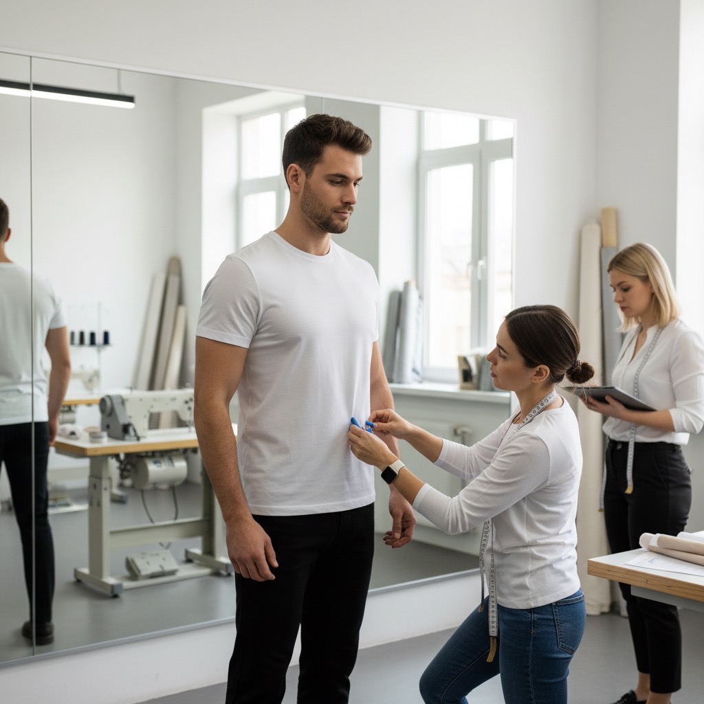 A tailor uses a measuring tape to take measurements of a man wearing a white t-shirt in a bright studio.