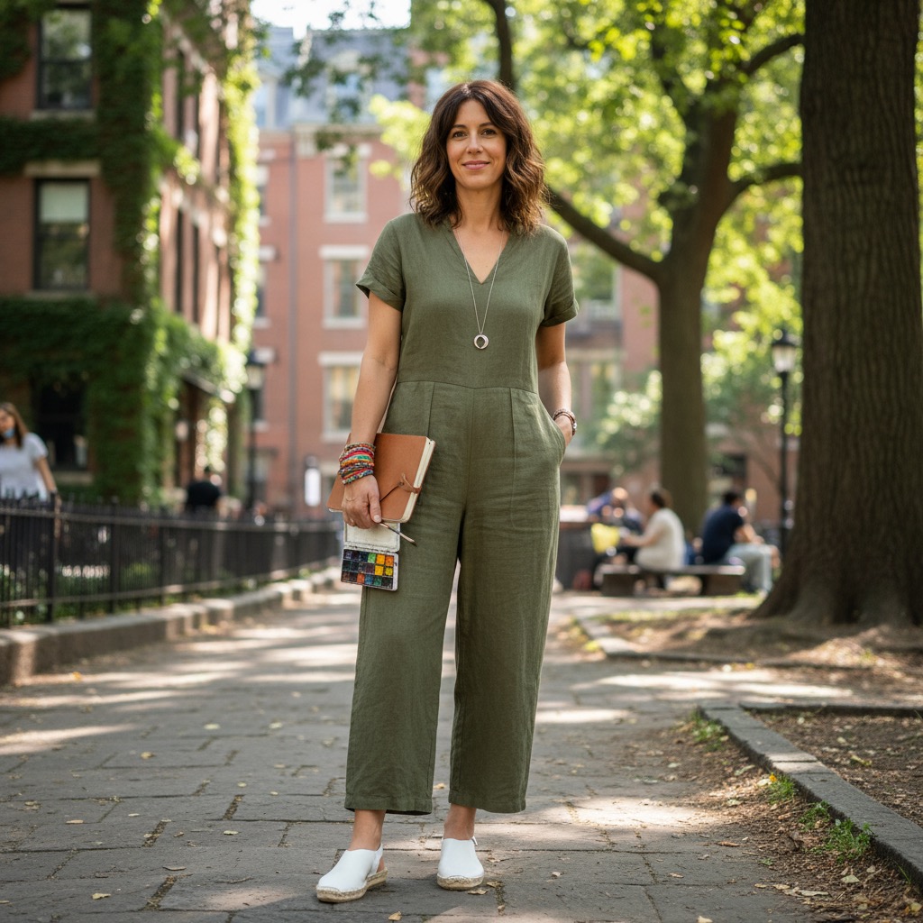 A woman with shoulder-length brown hair wearing an olive green jumpsuit stands on a paved park path holding a sketchbook and a small watercolor palette.